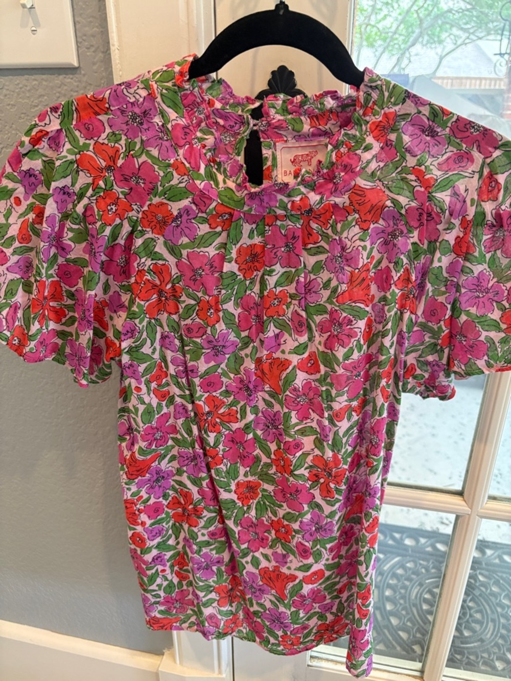 Banjanan Pink Green Floral Ruffle Top